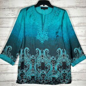 Jones New York Scrolled Teal Green Black Holiday Satin Polyester Tunic M